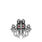 Black and white illustration of a tactical squid creature with red eyes on a white background