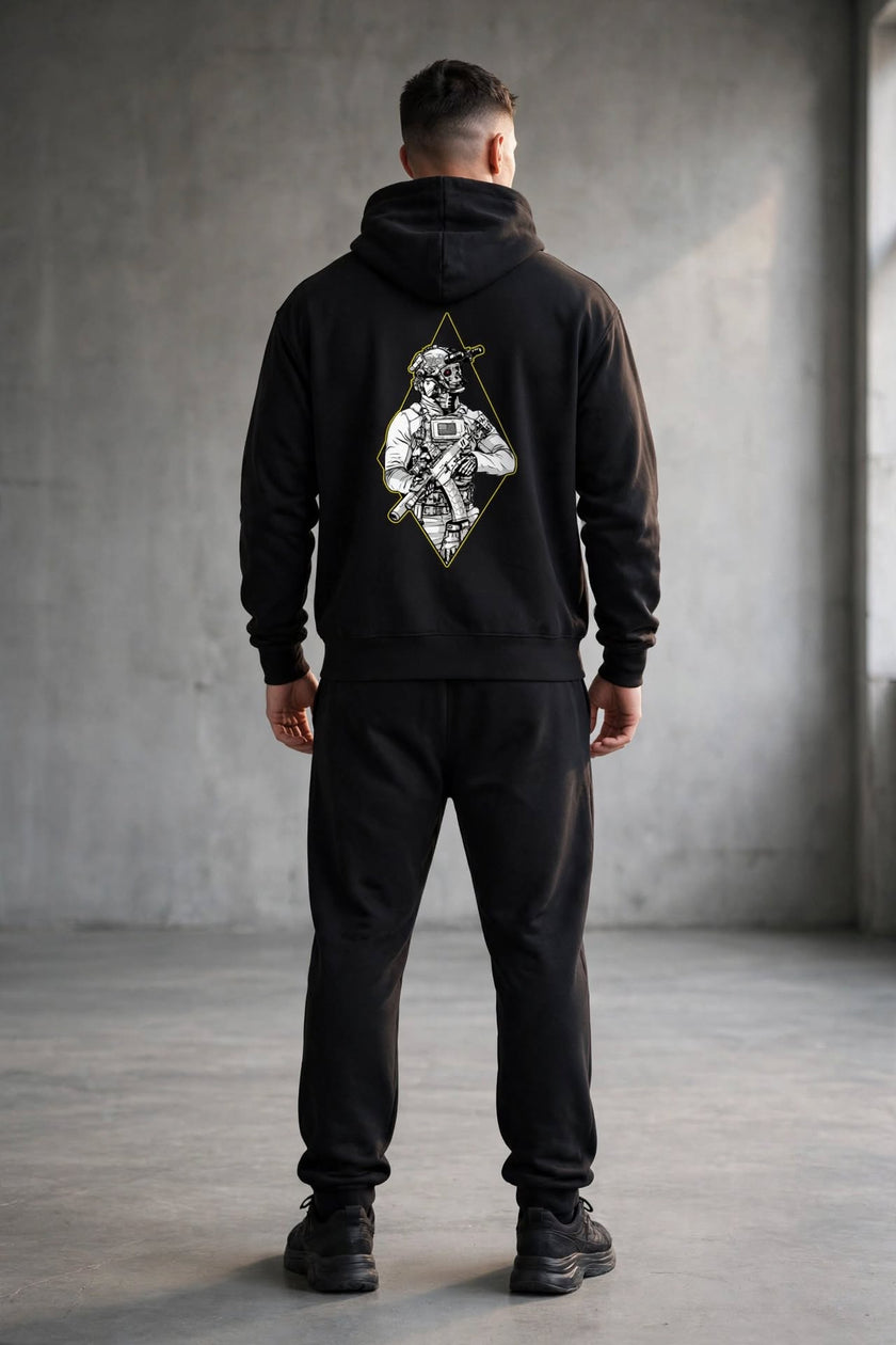 Maintain 360 heavyweight black hoodie with operator back graphic - Zero One Outpost