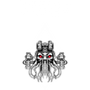 Black and white illustration of a tactical squid creature with red eyes on a white background