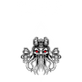 Black and white illustration of a tactical squid creature with red eyes on a white background