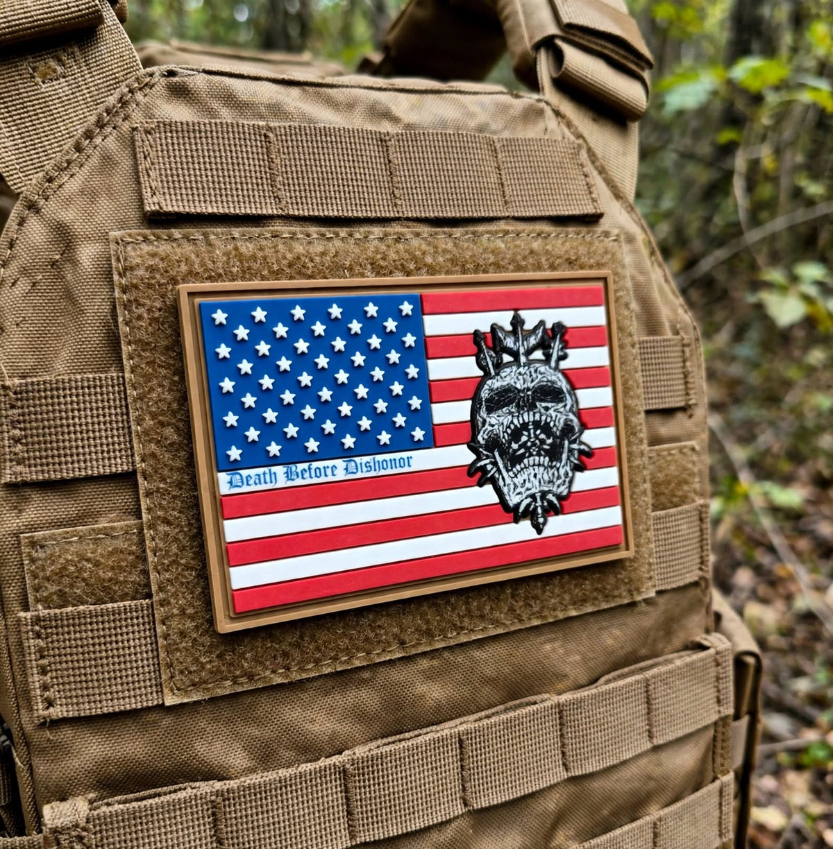 Death Before Dishonor morale patch on a plate carrier - Zero One Outpost