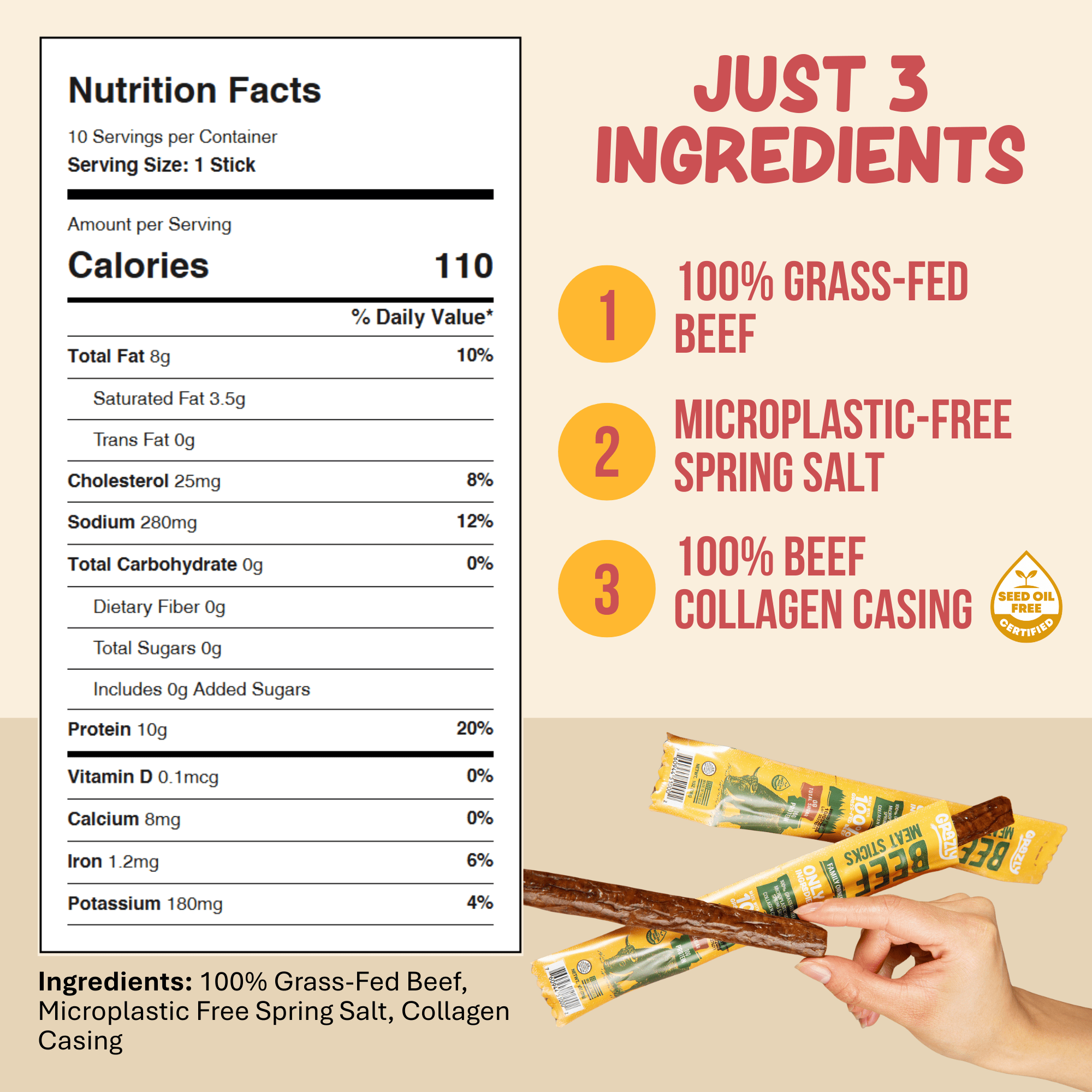 Plain Beef Meat Sticks - 100% Grass - Fed & Finished - Zero One Outpost