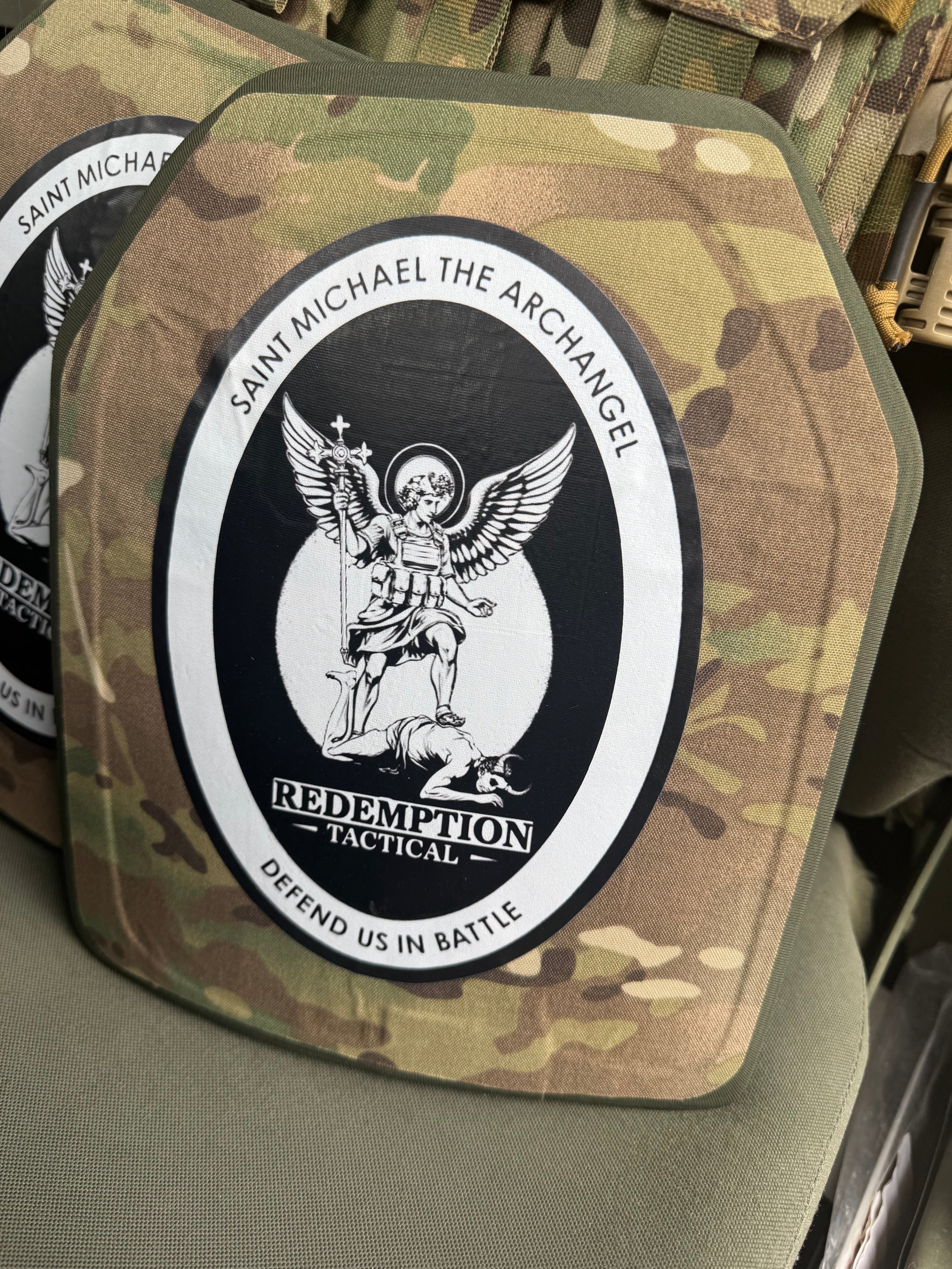 St Michael Archangel Plates Pair of 10x12 Level IV Ceramic PE Plates Ballistic FRONT AND BACK (SIZE SMALL to LARGE) Curved with Shooters Cut - Zero One Outpost