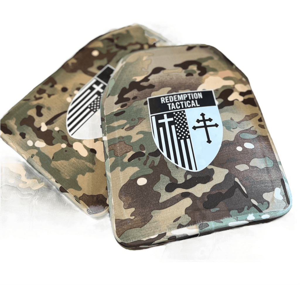Pair of 10x12 Level IV Ceramic PE Plates Ballistic FRONT AND BACK (SIZE SMALL to LARGE) Curved with Shooters Cut - Zero One Outpost