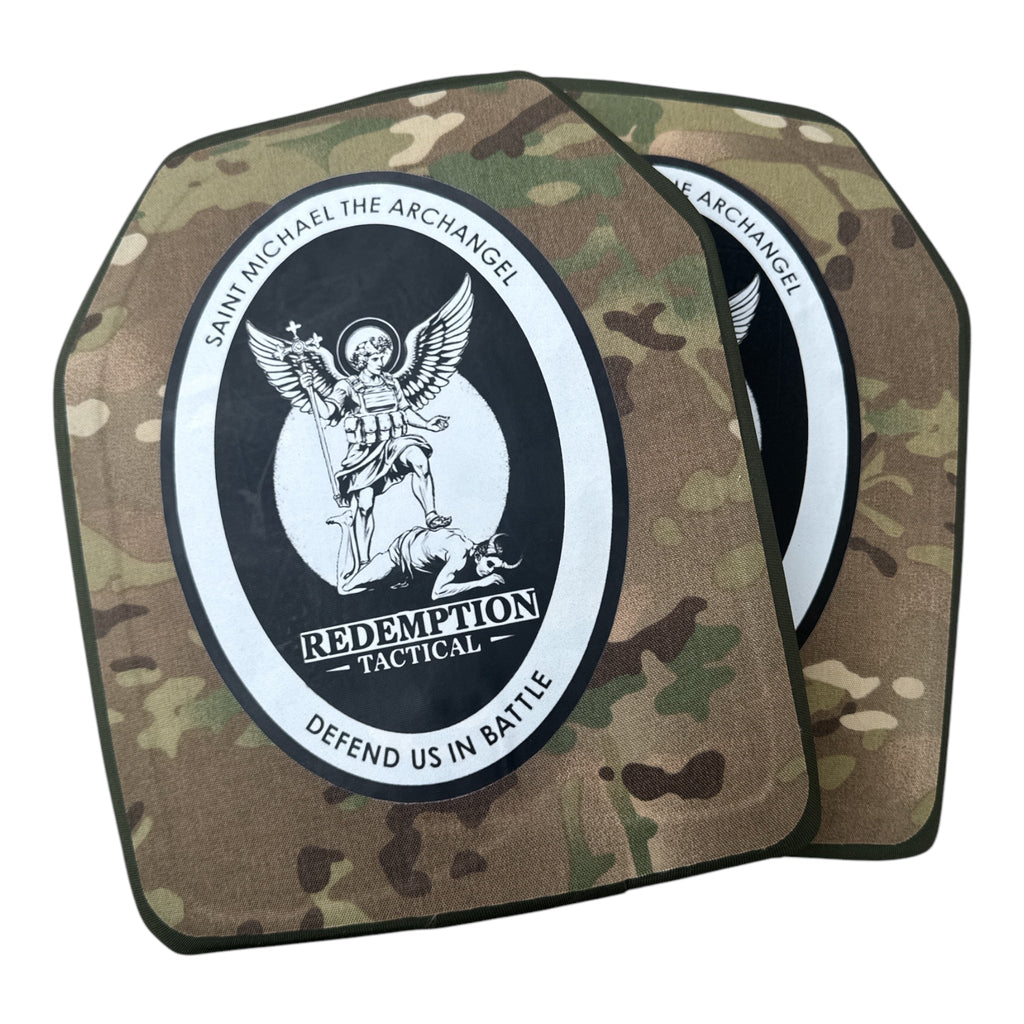 St Michael Archangel Plates Pair of 10x12 Level IV Ceramic PE Plates Ballistic FRONT AND BACK (SIZE SMALL to LARGE) Curved with Shooters Cut - Zero One Outpost