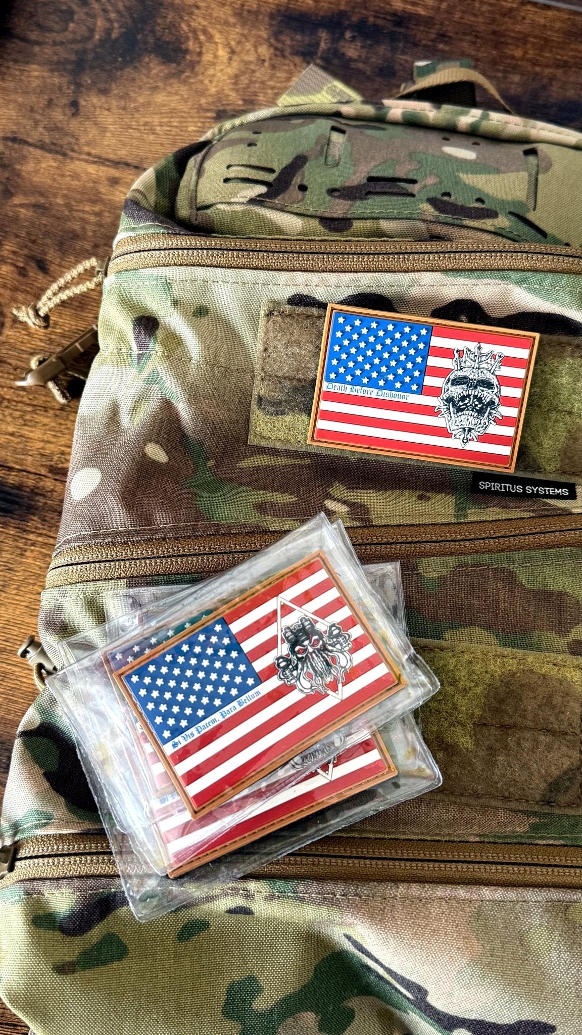 Zero One Outpost PVC morale patches on multicam gear