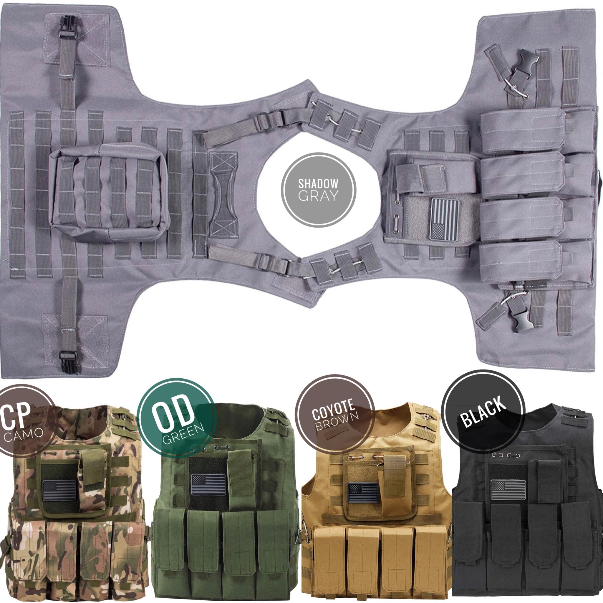 Kids Airsoft Tactical Plate Carrier Vest with Free US Flag Patch, Mil Spec 1000D Nylon PALS Molle Modular w/ 4 Mag Pouches, Side Pouch, Chest Mag Pouch - Zero One Outpost