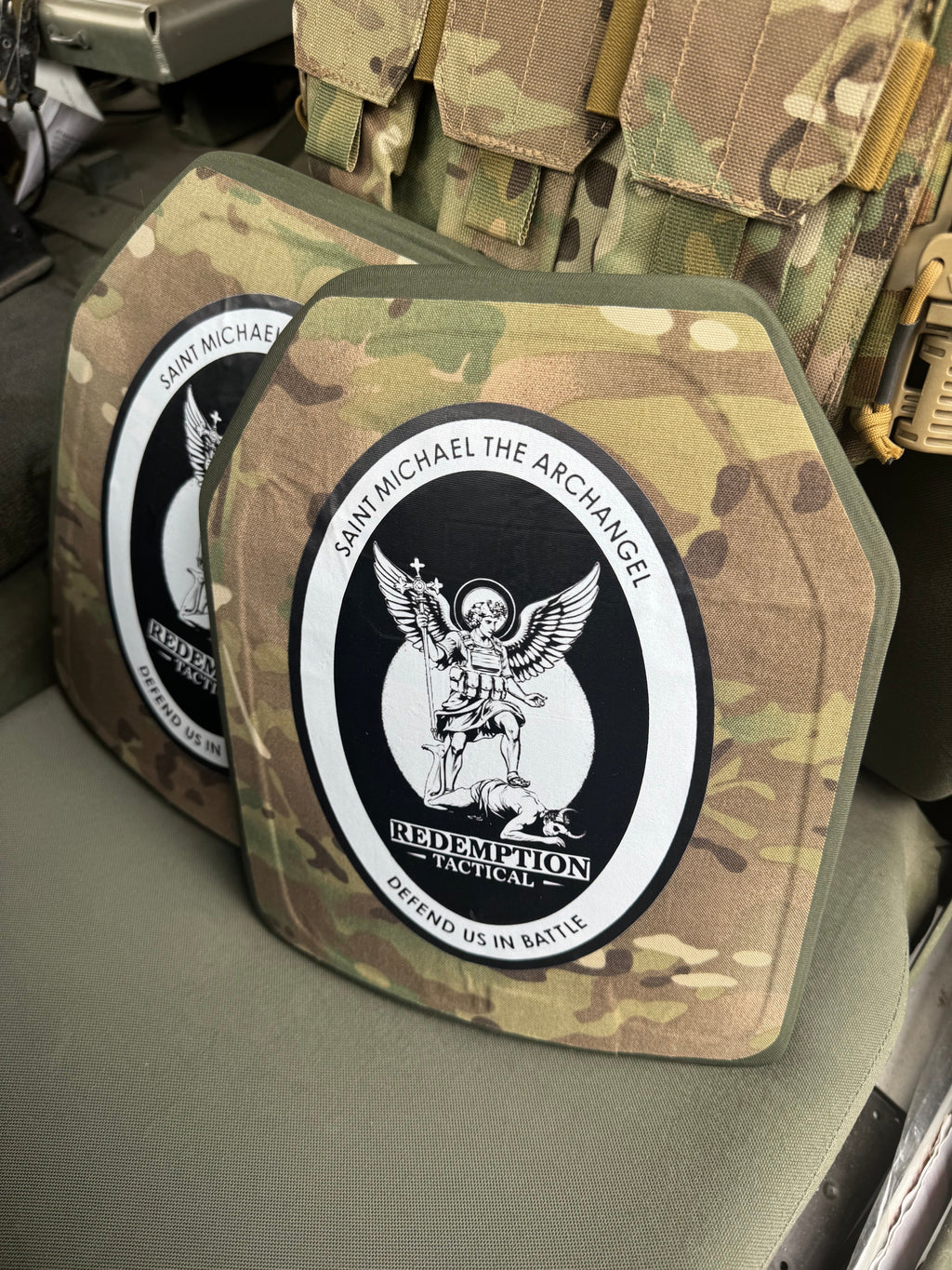 St Michael Archangel Plates Pair of 10x12 Level IV Ceramic PE Plates Ballistic FRONT AND BACK (SIZE SMALL to LARGE) Curved with Shooters Cut - Zero One Outpost